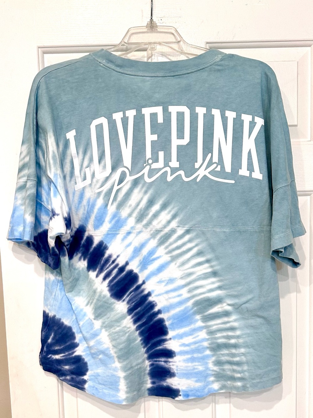 Victoria’s Secret PINK Blue Tie-Dye Logo Top – Size XL 100% Cotton